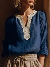 Chemise en mélange de lin à patchwork en dentelle vintage pour femmes